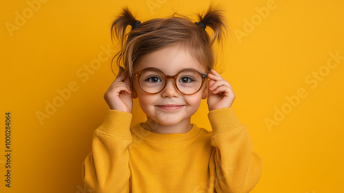 Portrait of smart clever small kid with tails dressed yellow sweatshirt raising finer up has idea isolated on khaki color background photo