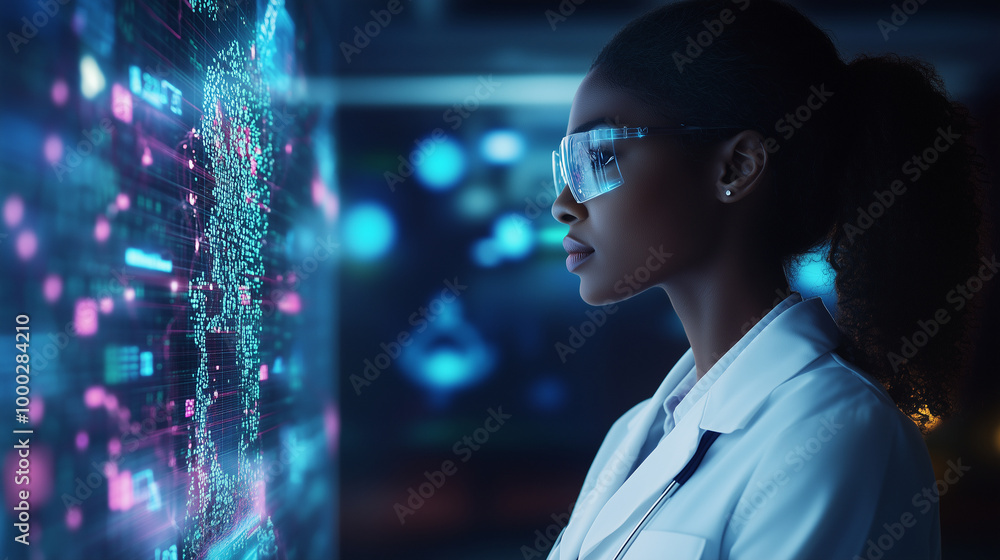 A Black female doctor is captured in side profile as she analyzes a holographic AI data visualization in a healthcare setting. The illustration emphasizes the integration of artifi A Black female doctor is captured in side profile as she analyzes a holographic AI data visualization in a healthcare setting. The illustration emphasizes the integration of artifi