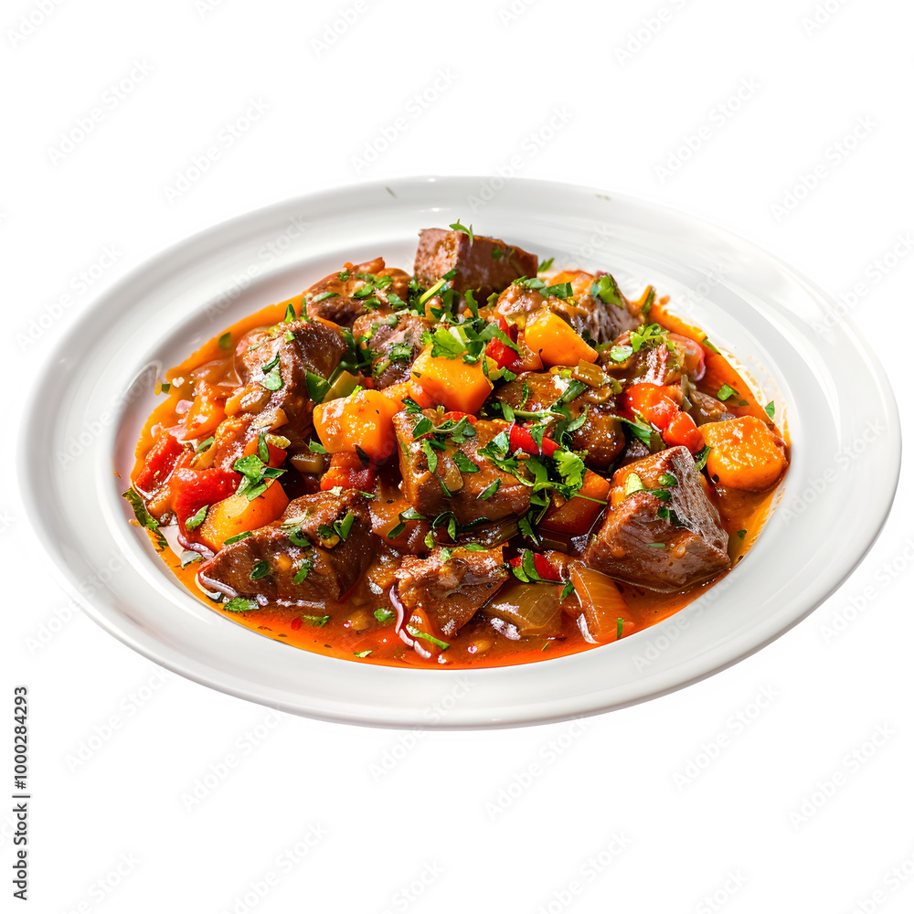 Delicious beef stew with chunks of meat, colorful vegetables, and fresh herbs served in a rich, savory sauce on a white plate Delicious beef stew with chunks of meat, colorful vegetables, and fresh herbs served in a rich, savory sauce on a white plate
