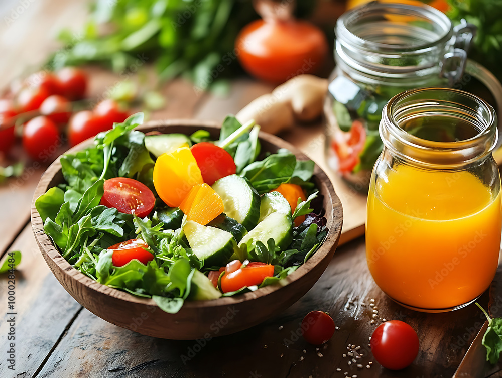 Healthy nutrition colorful mixed fresh veggie salad bowl in a cozy kitchen Healthy nutrition colorful mixed fresh veggie salad bowl in a cozy kitchen