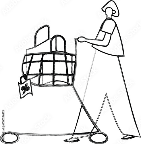 A woman pushes a cart with bags.