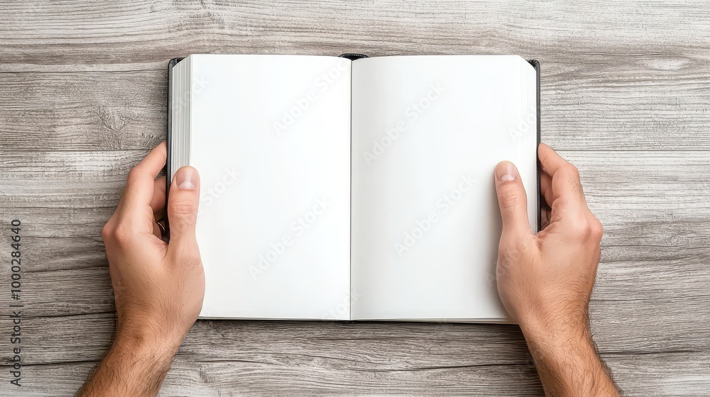 Open Book with Hands on Wooden Surface Open Book with Hands on Wooden Surface