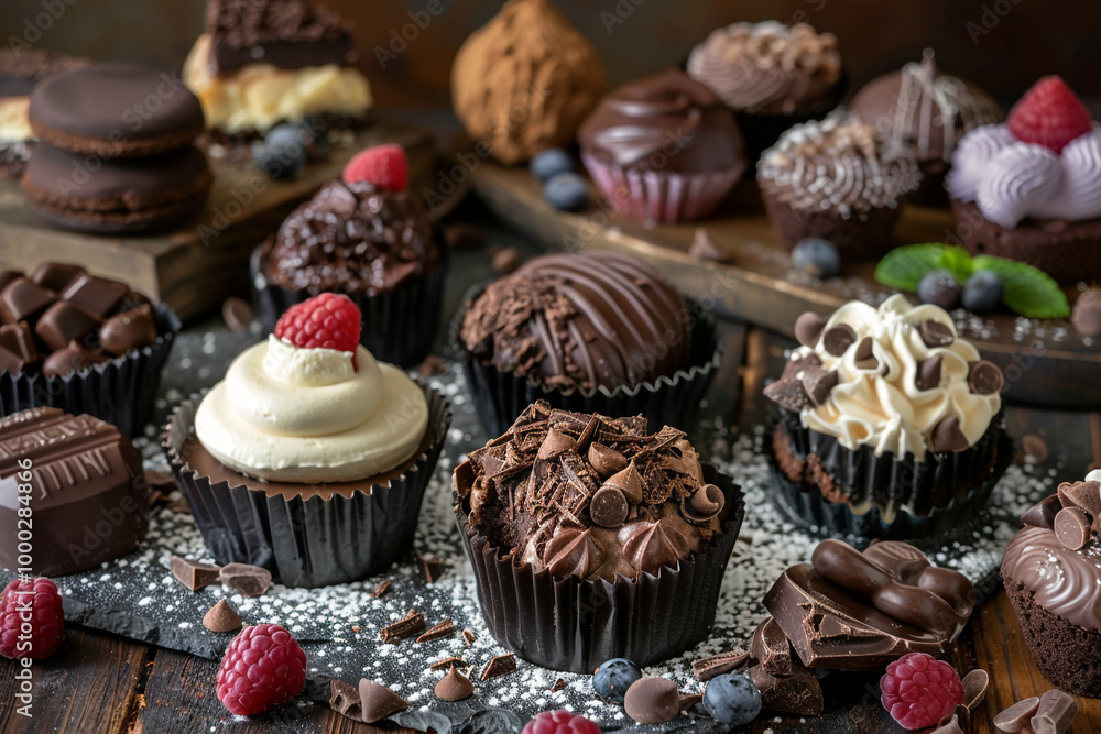Chocolate dessert selection on a rustic background showcasing variety and homemade craftsmanship Chocolate dessert selection on a rustic background showcasing variety and homemade craftsmanship