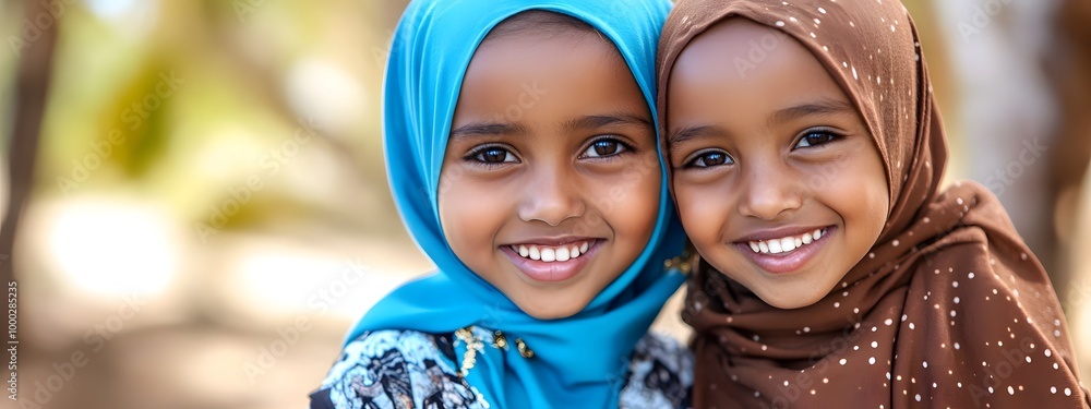 Two young girls in hijabs, one wearing blue and the other brown, posing for the camera together Two young girls in hijabs, one wearing blue and the other brown, posing for the camera together