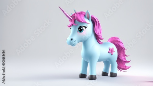 A cute blue unicorn toy with a pink mane and flower decoration.