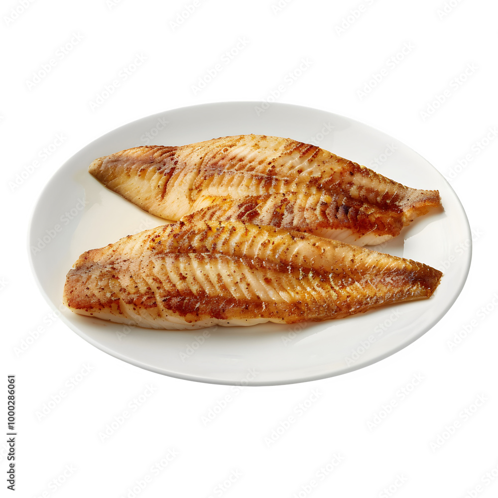 Two expertly cooked fish fillets arranged on a clean white plate, set against a clear background for effortless inclusion in any project Two expertly cooked fish fillets arranged on a clean white plate, set against a clear background for effortless inclusion in any project