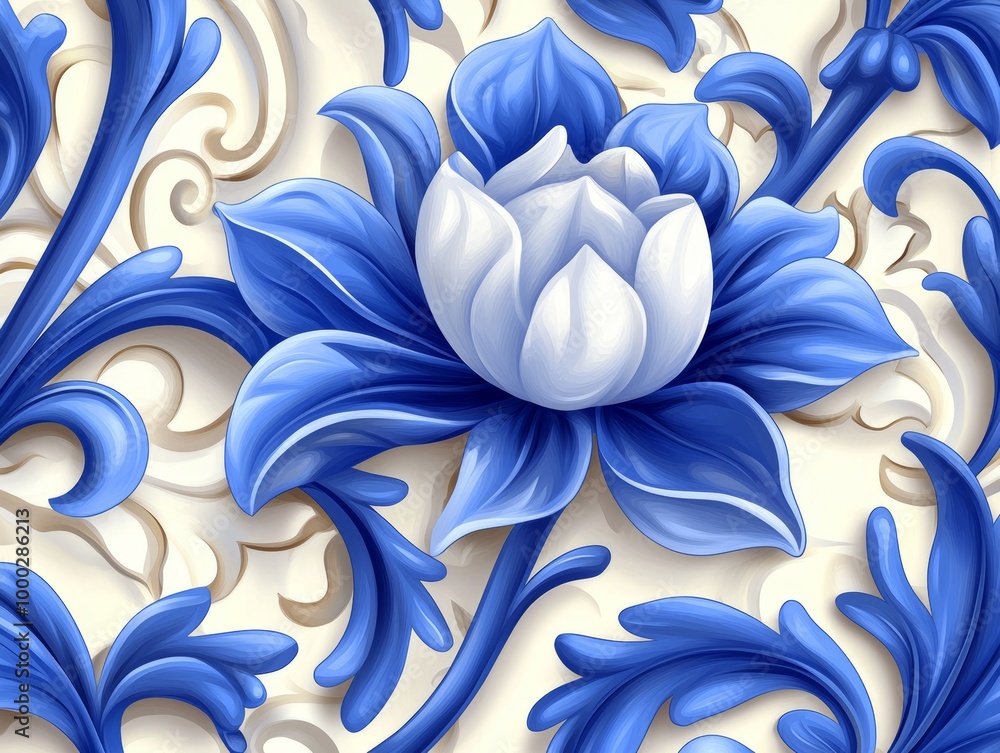 An elegant pattern of Delft blue blossoms and leaves for vintage-inspired ceramic tiles and fine paper printing. An elegant pattern of Delft blue blossoms and leaves for vintage-inspired ceramic tiles and fine paper printing.