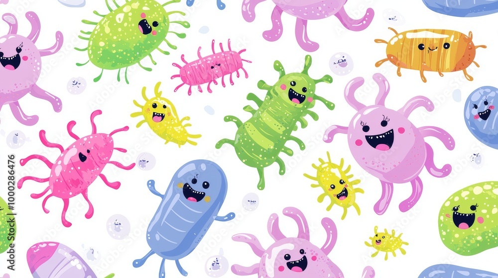 Fototapeta premium A playful pattern of cartoonish bacteria and viruses on a light background, educational and appealing