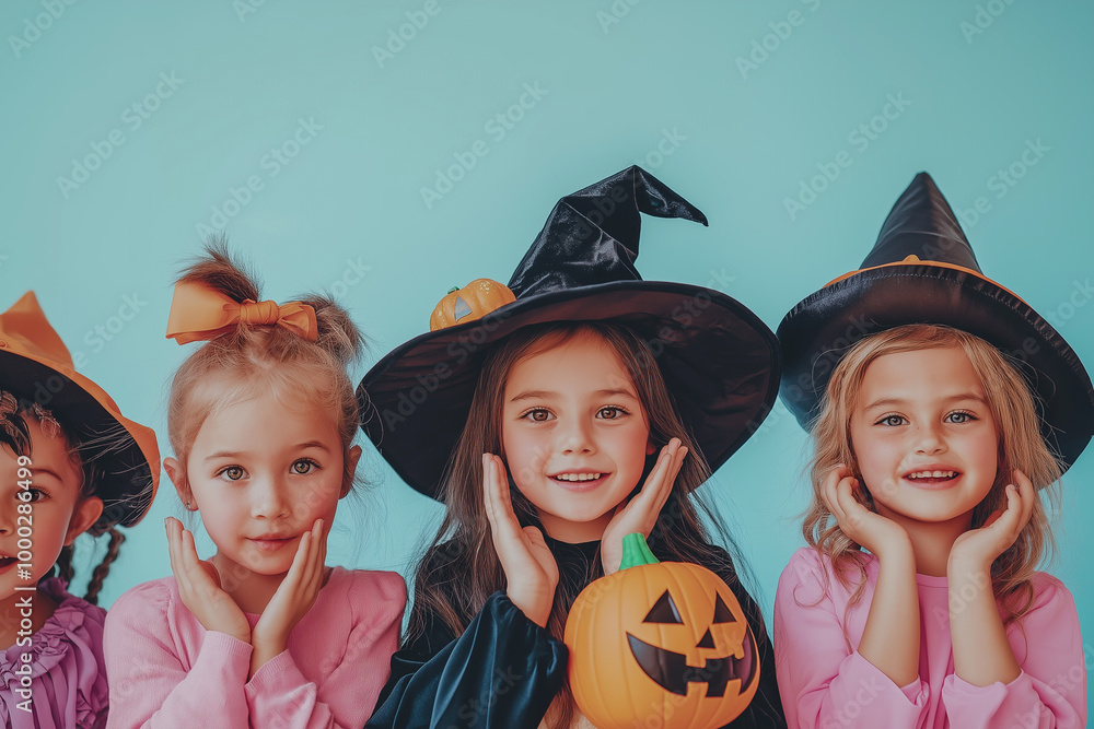 A young girl gang is for the Halloween holiday. Children having fun trick-or-treating on Halloween. Children playing trick-or-treating. A young girl gang is for the Halloween holiday. Children having fun trick-or-treating on Halloween. Children playing trick-or-treating.