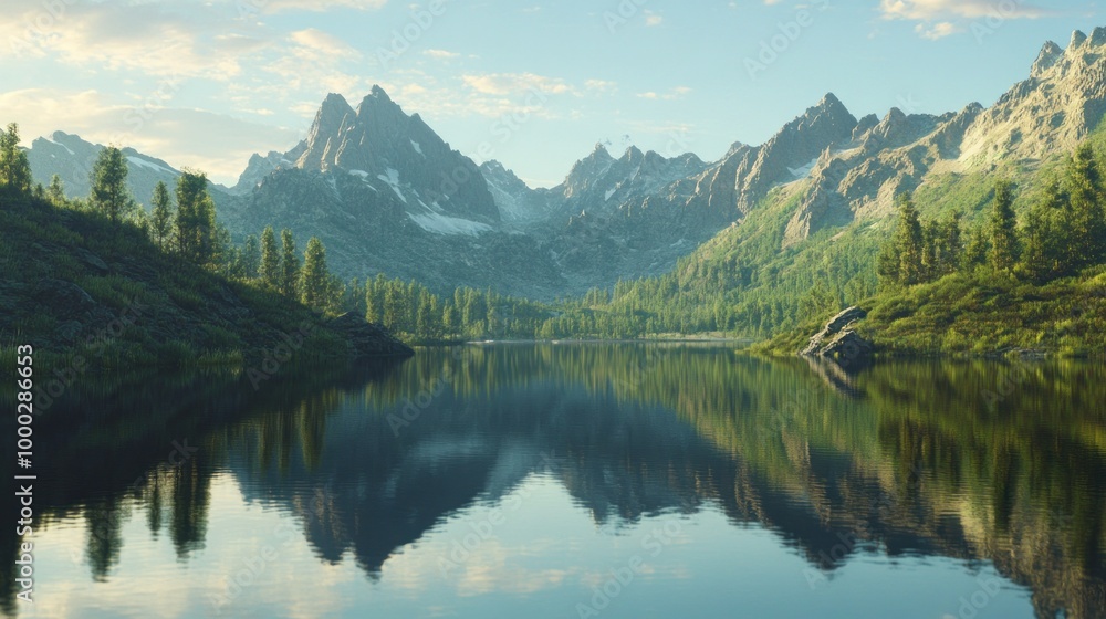 Fototapeta premium Mountain Range Reflected in a Calm Lake at Dawn