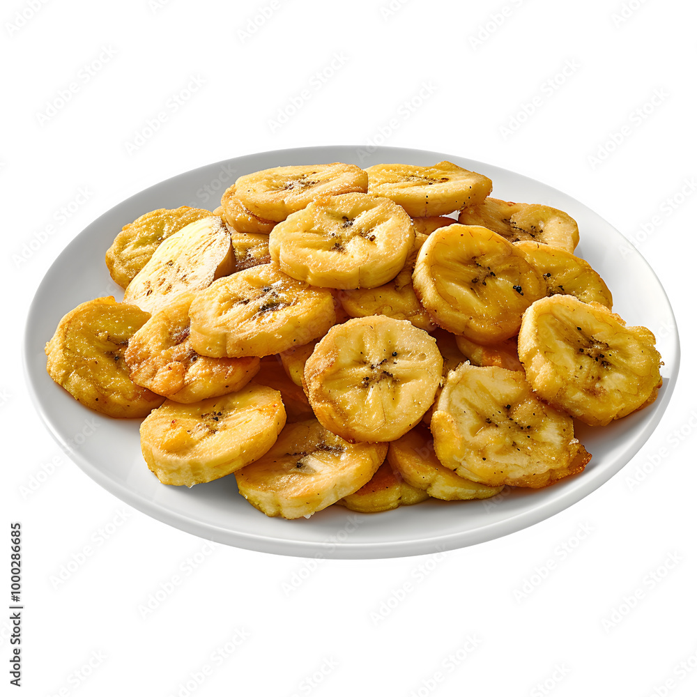 Plate of golden, crispy fried plantain slices, perfect for illustrating tropical cuisine or snack concepts in food photography Plate of golden, crispy fried plantain slices, perfect for illustrating tropical cuisine or snack concepts in food photography