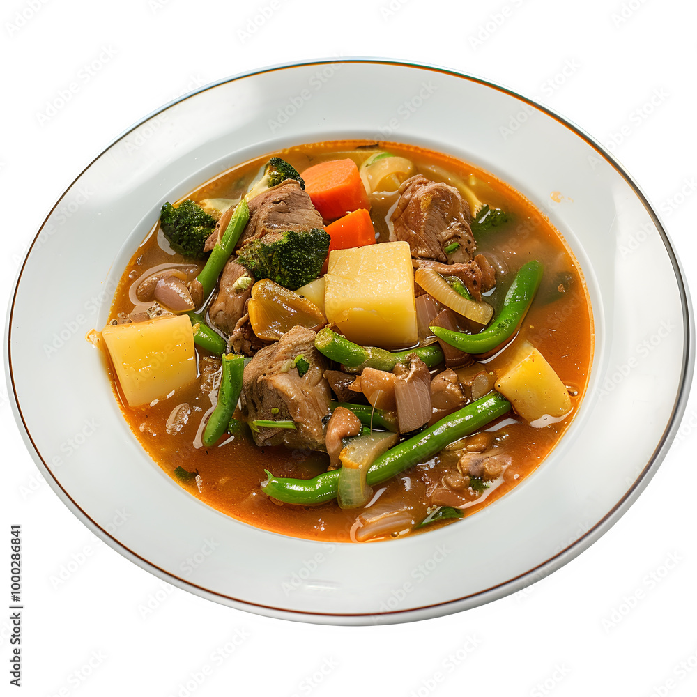 Delicious beef stew with potatoes, carrots, broccoli, and green beans in a tasty broth, served in a plain white bowl Delicious beef stew with potatoes, carrots, broccoli, and green beans in a tasty broth, served in a plain white bowl