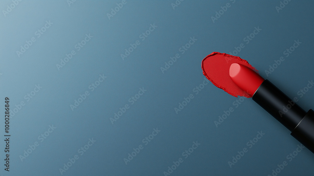 Close-up of a vibrant red lipstick with a smudged stroke of color on a minimalist blue background, highlighting bold beauty and makeup details Close-up of a vibrant red lipstick with a smudged stroke of color on a minimalist blue background, highlighting bold beauty and makeup details