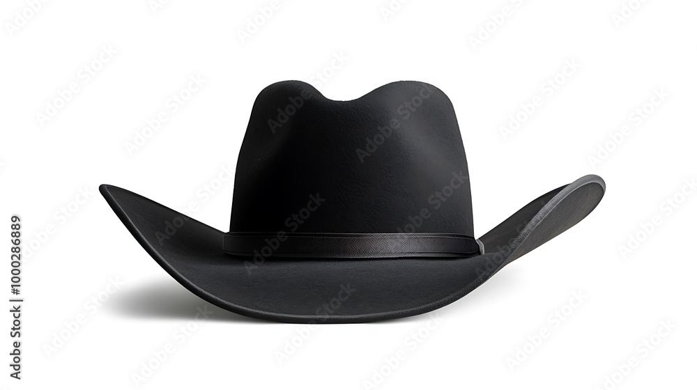 A black cowboy hat with a wide brim and a leather band isolated on a white background. A black cowboy hat with a wide brim and a leather band isolated on a white background.