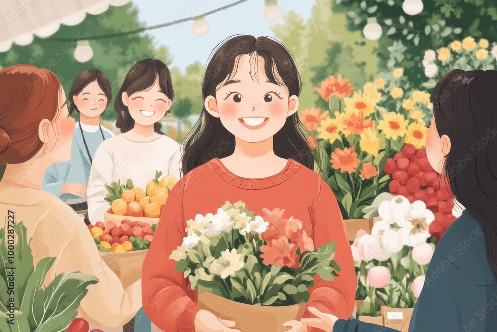 Smiling Woman with Flowers and Friends at an Outdoor Market Smiling Woman with Flowers and Friends at an Outdoor Market
