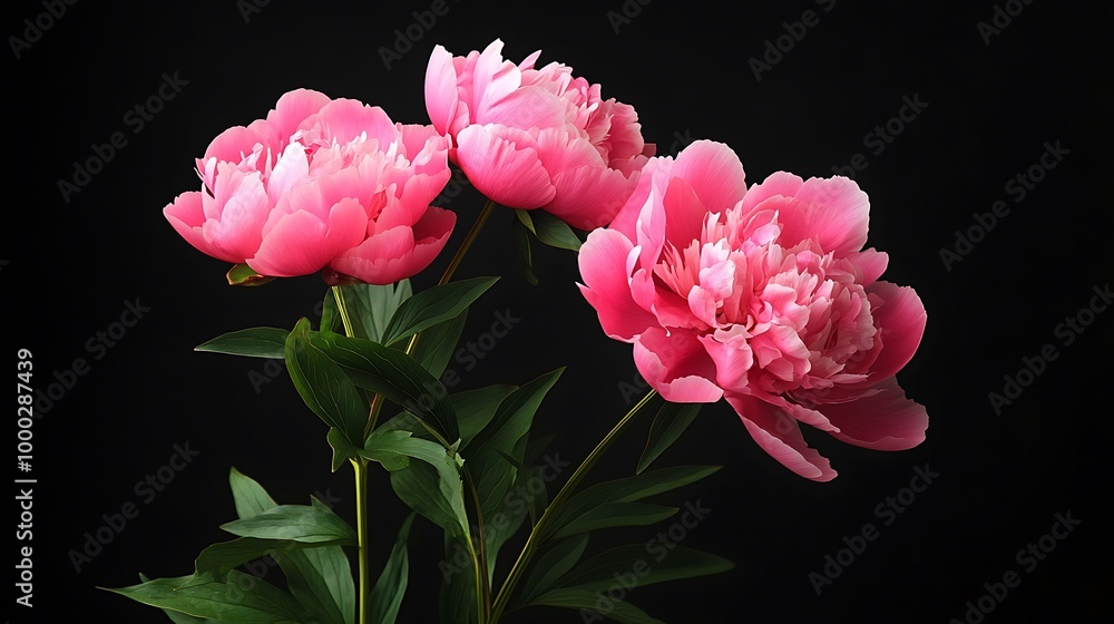 Obraz premium Three pink peonies with green leaves on a black background.