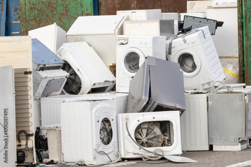 Obraz na plátně Pile of discarded household appliances for e-waste disposal