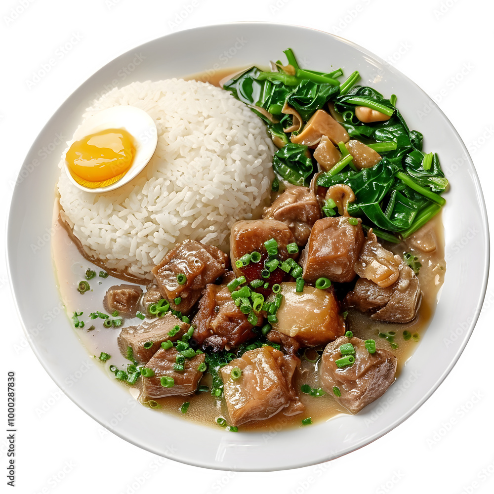 Delicious plate of filipino pork adobo with steamed rice, a boiled egg, and sautéed veggies, topped with chopped green onions Delicious plate of filipino pork adobo with steamed rice, a boiled egg, and sautéed veggies, topped with chopped green onions