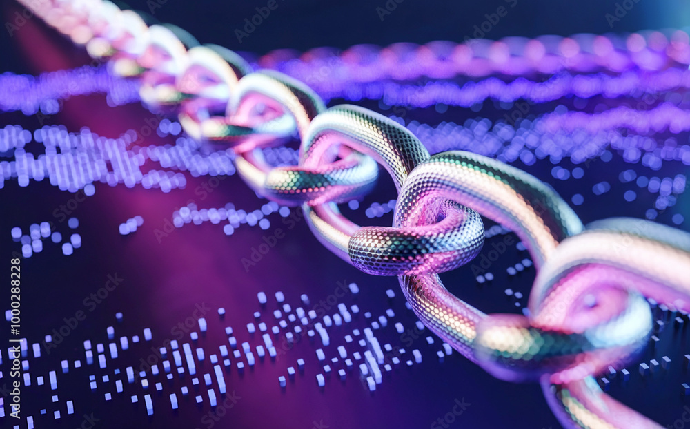 A digital representation of a chain, intricately designed with a metallic texture. The chain is set against a vibrant backdrop of small, glowing particles in shades of purple and blue. A digital representation of a chain, intricately designed with a metallic texture. The chain is set against a vibrant backdrop of small, glowing particles in shades of purple and blue.