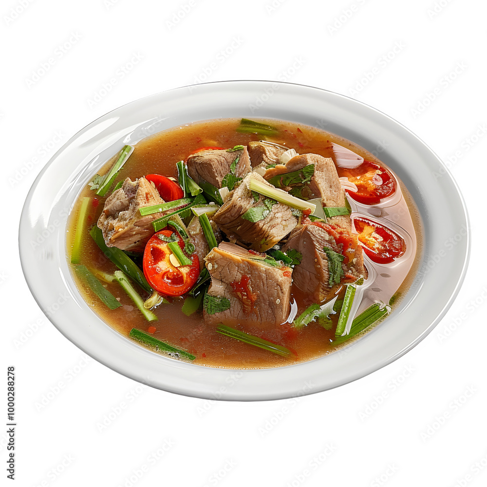 Delicious beef stew topped with garden-fresh herbs and veggies, presented in a clean white bowl against a clear backdrop Delicious beef stew topped with garden-fresh herbs and veggies, presented in a clean white bowl against a clear backdrop