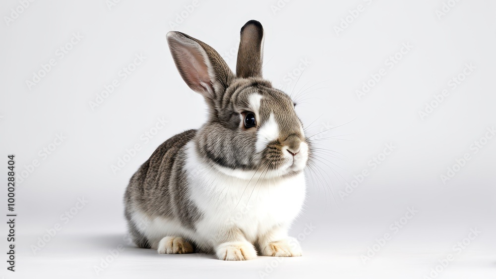 Fototapeta premium A cute rabbit sitting calmly against a plain white background.