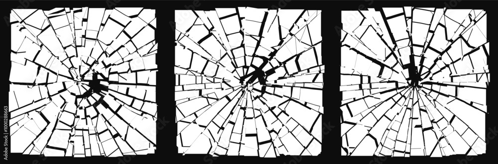 Obraz premium Broken Glass Squares with Cracks. Abstract Comic Book Flash Explosion Blast Radial Lines. Shattered, Fractured and Broken Texture. Bullet Shot Effect VFX. Vector Illustration.