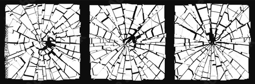 Broken Glass Squares with Cracks. Abstract Comic Book Flash Explosion Blast Radial Lines. Shattered, Fractured and Broken Texture. Bullet Shot Effect VFX. Vector Illustration.