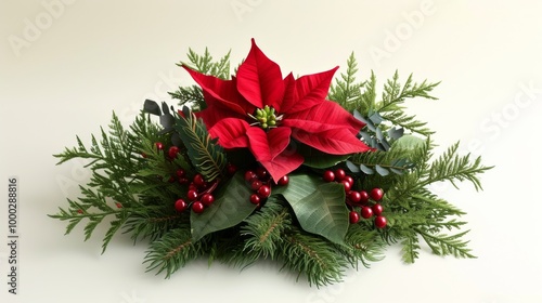 Stunning Red Poinsettia Christmas Centerpiece with Green Leaves and Berries