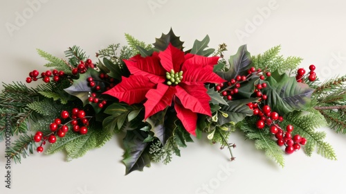 Red Poinsettia Christmas Floral Arrangement with Holly and Berries