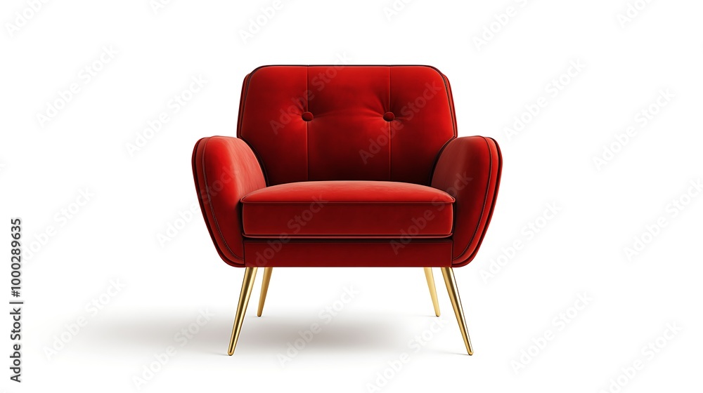 Red velvet armchair with gold legs on a white background. Red velvet armchair with gold legs on a white background.