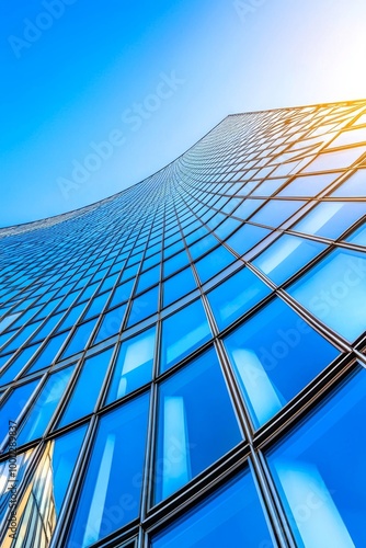 Refractions of blue glass on a skyscraper facade