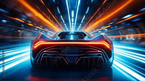 Futuristic sports car, sleek design, orange and blue lights, speed and technology concept