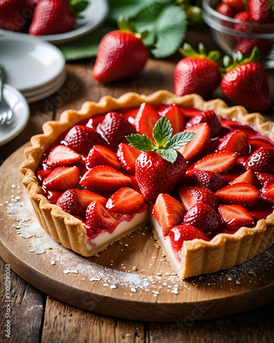 Close-up tarta de fresas y queso redonda sin una porción