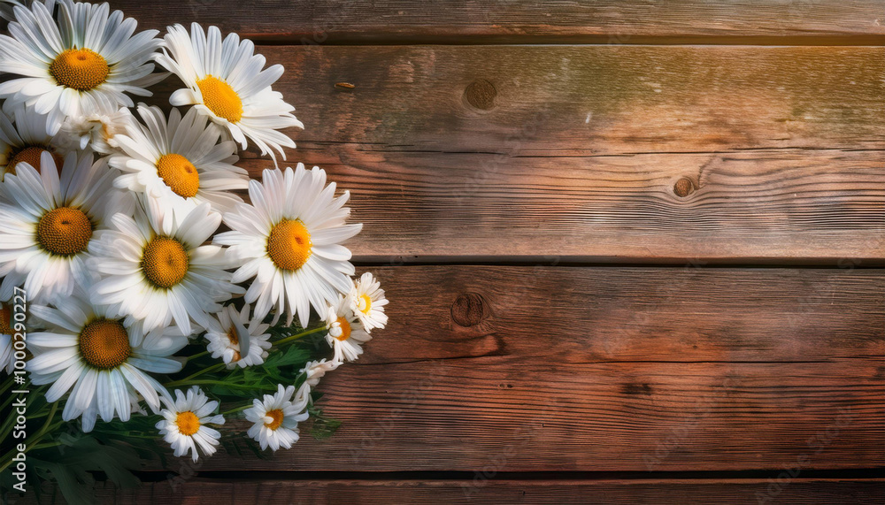 Fototapeta premium Bouquet of daisies in white on a rustic wooden table, copy space.