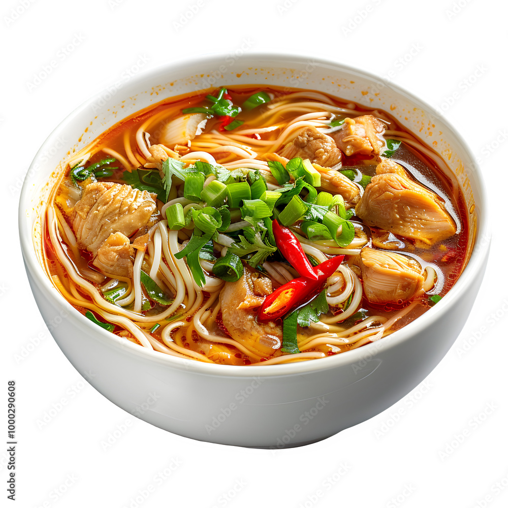 Steaming bowl of spicy chicken noodle soup topped with fresh green onions, red chili peppers, and herbs, showcasing vibrant colors and inviting presentation Steaming bowl of spicy chicken noodle soup topped with fresh green onions, red chili peppers, and herbs, showcasing vibrant colors and inviting presentation
