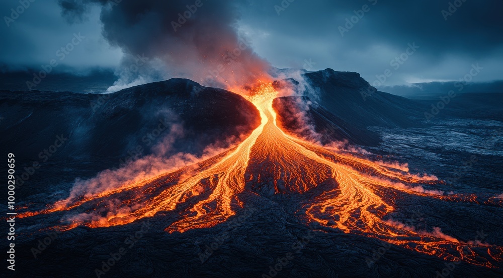 Lava flows down a mountain, creating an orange V-shape amidst dark skies and rising smoke from volcanic activity Lava flows down a mountain, creating an orange V-shape amidst dark skies and rising smoke from volcanic activity