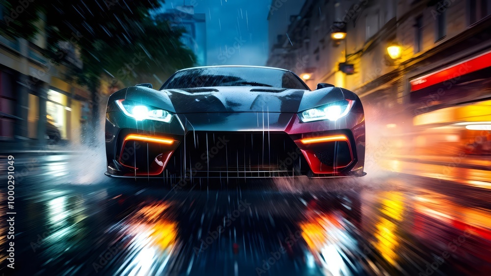 Obraz premium Sleek sports car speeding in rain on wet city street, automotive commercial banner