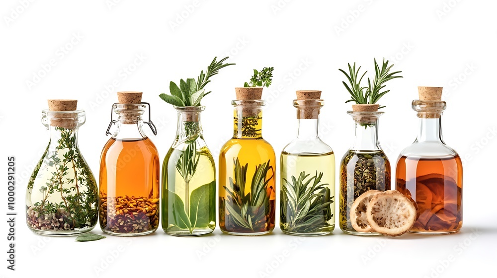 Bottles of infused oils with various herbs and spices, isolated on white background. Bottles of infused oils with various herbs and spices, isolated on white background.