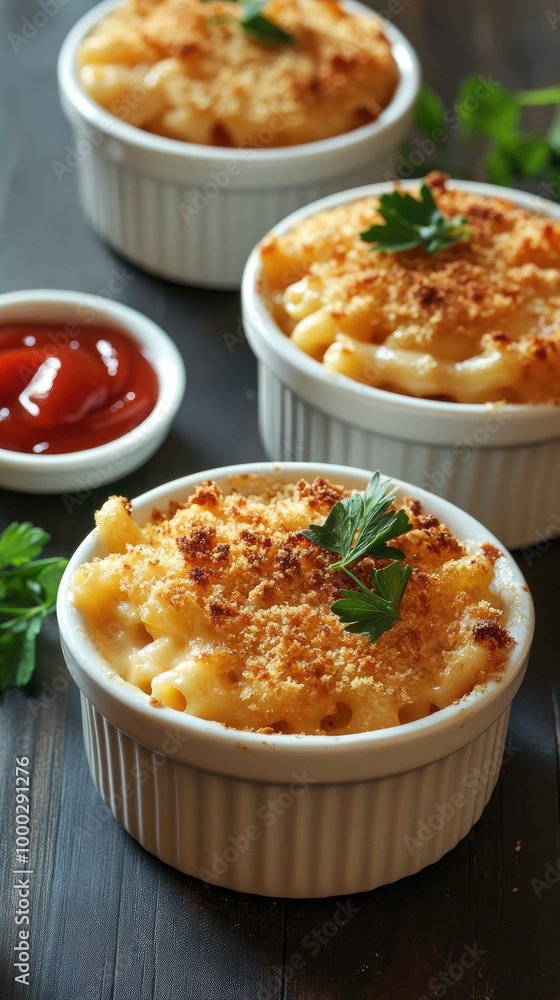 vertical format, Baked macaroni and cheese served in white ramekins, accompanied by a bowl of ketchup on a wooden table vertical format, Baked macaroni and cheese served in white ramekins, accompanied by a bowl of ketchup on a wooden table