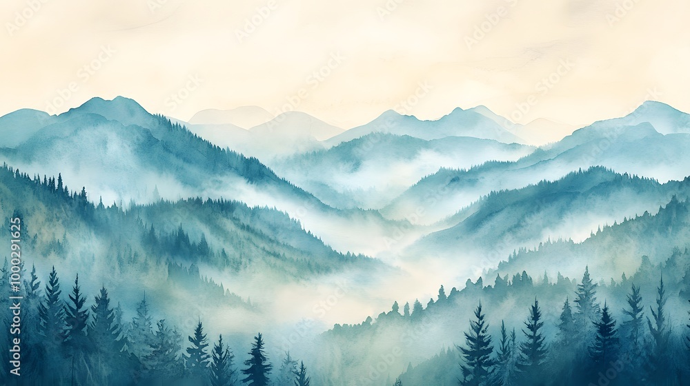 Abstract watercolor depiction of a lush, green mountain range with soft clouds and ink splatters, evoking calmness and peace. Abstract watercolor depiction of a lush, green mountain range with soft clouds and ink splatters, evoking calmness and peace.