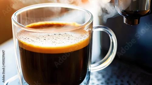 Steaming Fresh Espresso Being Poured in a Glass Mug

 photo