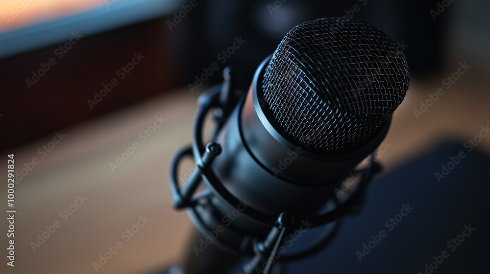 Professional Microphone With Background Banner, Ideal For Podcast Or Recording Studio Environment. Professional Microphone With Background Banner, Ideal For Podcast Or Recording Studio Environment.