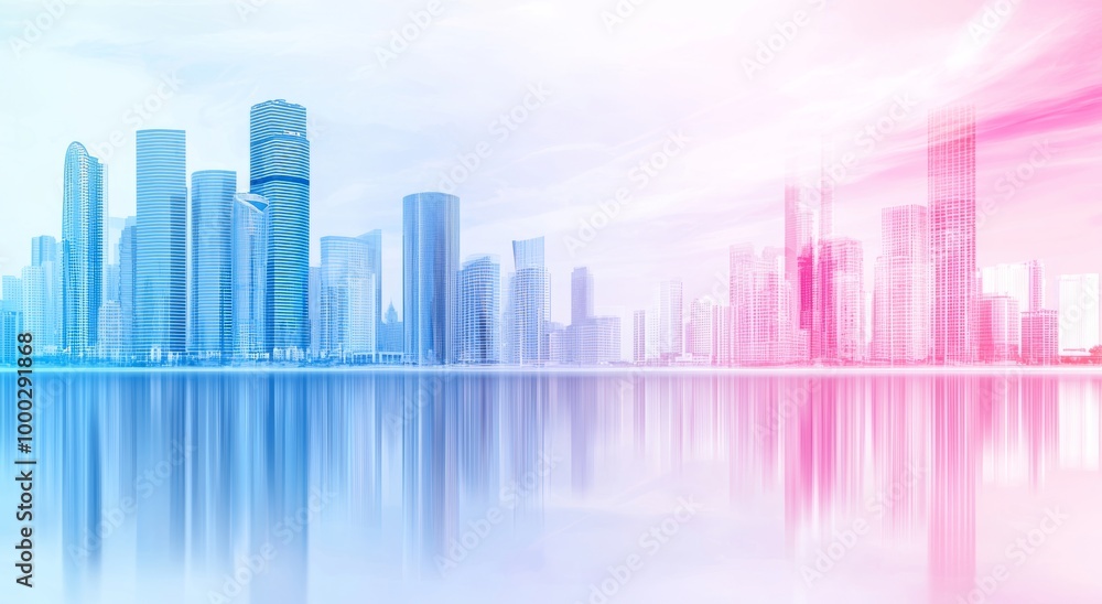 Fototapeta premium City building skyline and metropolis in abstract color style, futuristic effects, and innovative architecture and engineering.