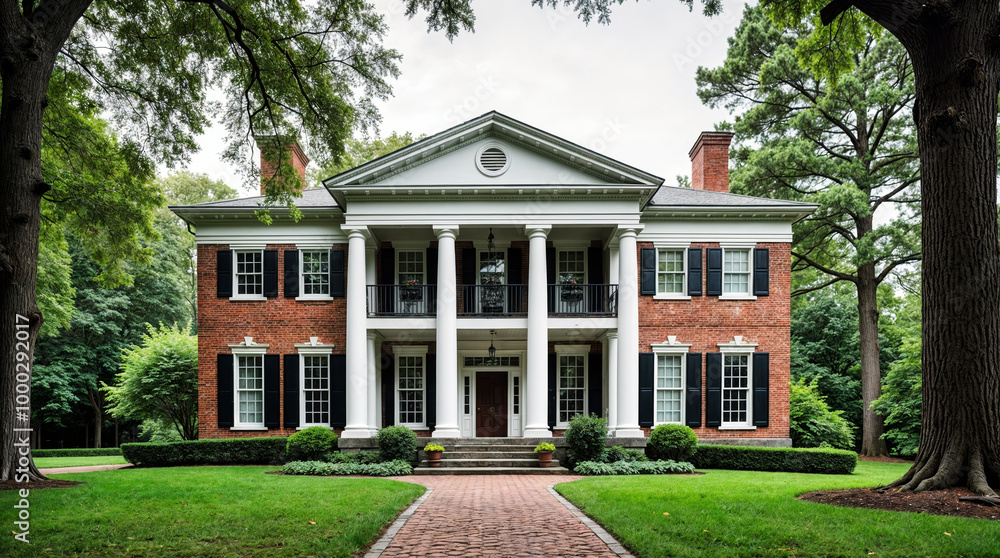 Stately Southern mansion with white columns and red brick exterior, surrounded by lush green landscaping and mature trees, showcasing classic antebellum architecture Stately Southern mansion with white columns and red brick exterior, surrounded by lush green landscaping and mature trees, showcasing classic antebellum architecture