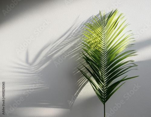 An einer weißen Wand lehnt ein Palmwedel, sein Schatten fällt auf die Wand