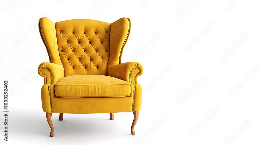 A yellow velvet wingback armchair with tufted upholstery and wooden legs isolated on a white background.