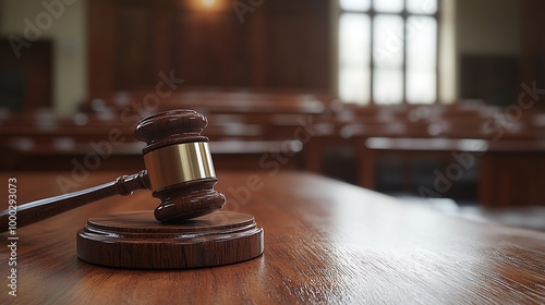 Close-up of a gavel resting on a wooden table in a courtroom with blurred background