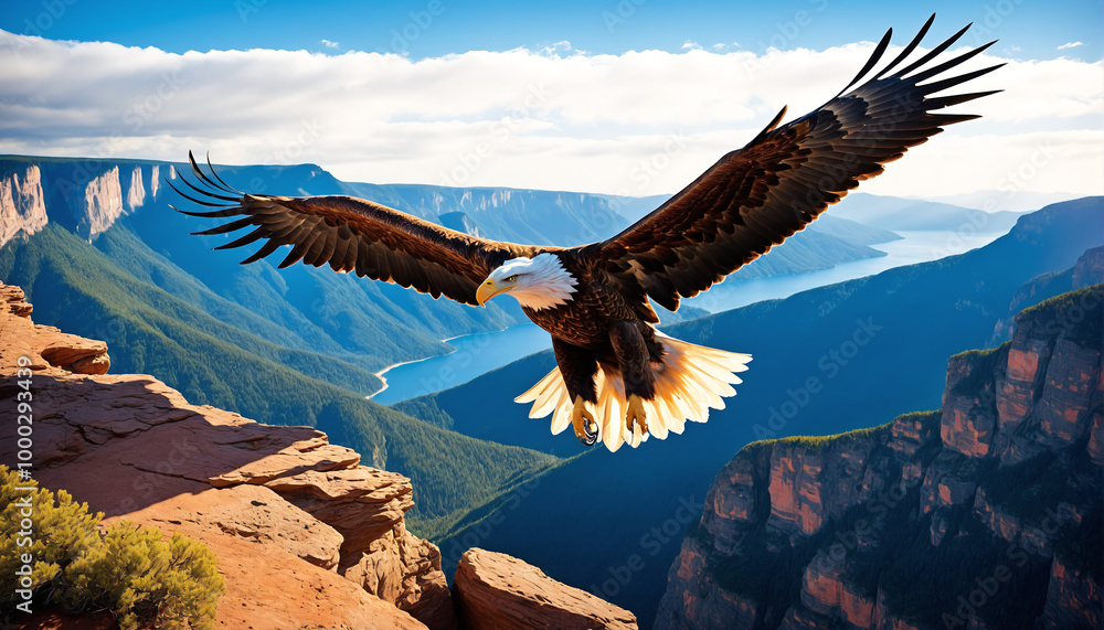 Fototapeta premium golden eagle soaring over rocky mountain landscape