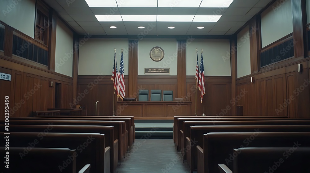 Empty courtroom with rows of benches, a judge’s bench, and American flags in the background Empty courtroom with rows of benches, a judge’s bench, and American flags in the background