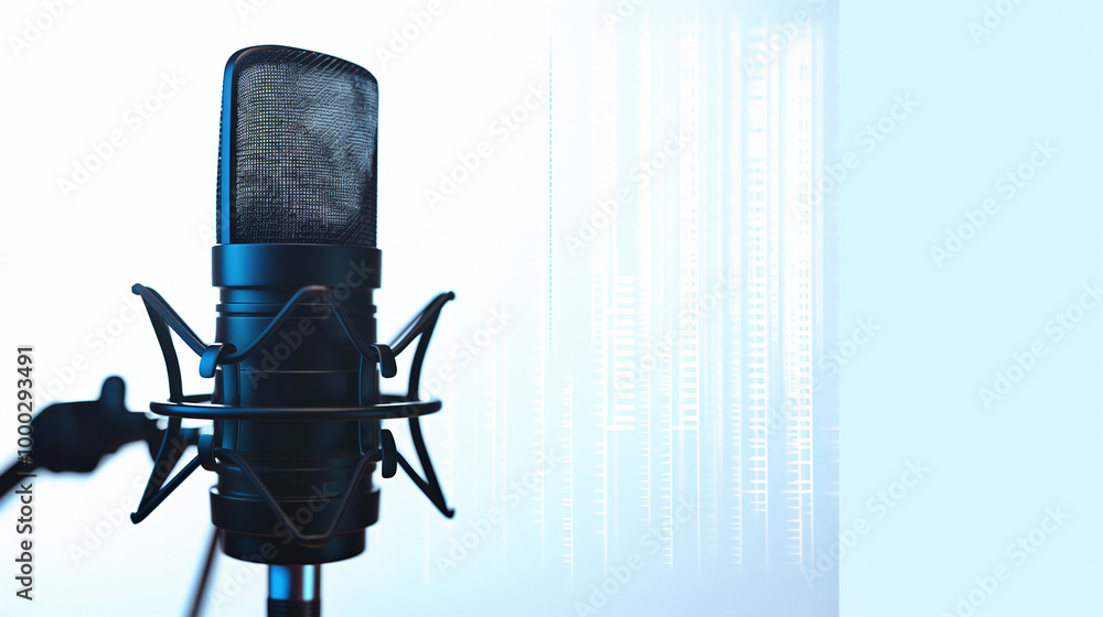 Professional Microphone With Background Banner, Ideal For Podcast Or Recording Studio Environment. Professional Microphone With Background Banner, Ideal For Podcast Or Recording Studio Environment.